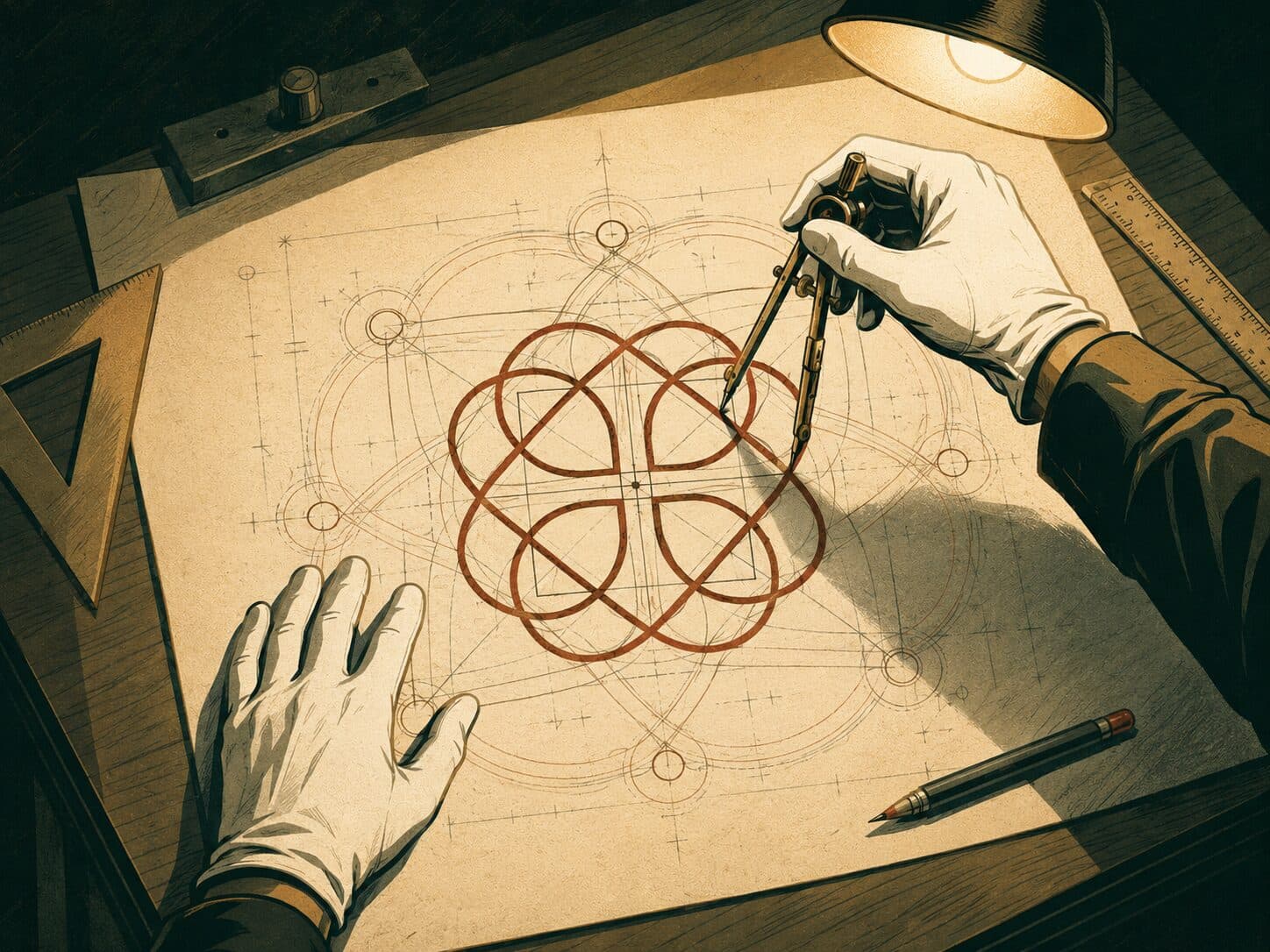 Ilustração de mãos enluvadas de branco a construir o emblema do Rito Português a compasso, sobre linhas auxiliares de geometria sagrada