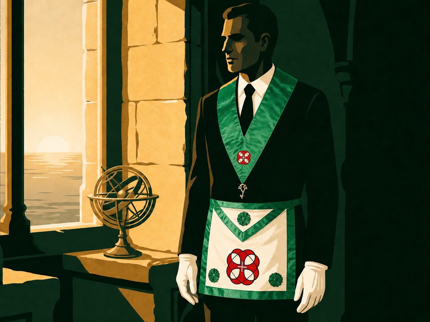 Ilustração de um Irmão do Rito Português, de colar verde e avental, a olhar o Atlântico ao amanhecer, com uma esfera armilar no parapeito