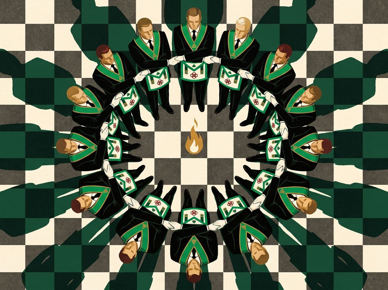 Ilustração vista de cima de uma cadeia de união: Irmãos em roda de mãos dadas sobre o pavimento mosaico, em torno de uma chama