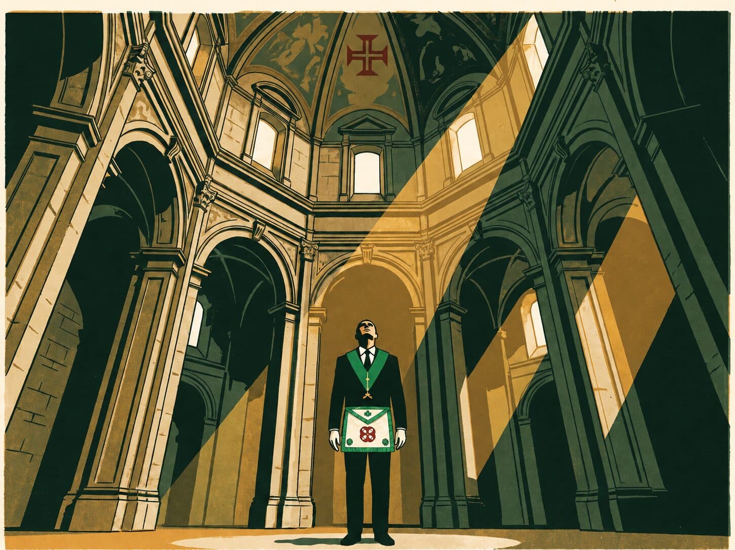 Ilustração de um Irmão sozinho sob a abóbada de um templo, olhando para a Cruz de Cristo no alto